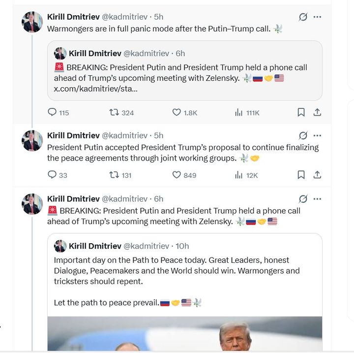 [서울=뉴시스] 키릴 드미트리예프 러시아 직접투자펀드(RDIF) 최고경영자 겸 대통령 대외 투자·경제협력 특별대표(특사)는 28일(현지시간) 사회관계망서비스 엑스(X)에 트럼프 대통령과 젤렌스키 대통령의 양자 회담 이후 브리핑 영상을 공유한 뒤 "전 세계는 트럼프 대통령과 그 팀의 평화 노력에 감사하고 있다"고 했다.. 사진은 드미트리예프 특사 엑스 갈무리. 2025.12.29 photo@newsis.com *재판매 및 DB 금지