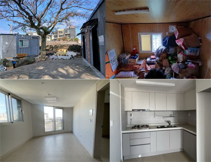 [제주=뉴시스] 복지 사각지대에 놓여있던 중장년 1인 가구가 제주시 지원으로 컨테이너 생활에서 벗어나 공공임대주택에 입주했다. 사진은 대상자가 생활하던 컨테이너(위쪽)와 최근 입주한 공공임대주택 모습. (사진=제주시 제공) 2025.12.29. photo@newsis.com *재판매 및 DB 금지