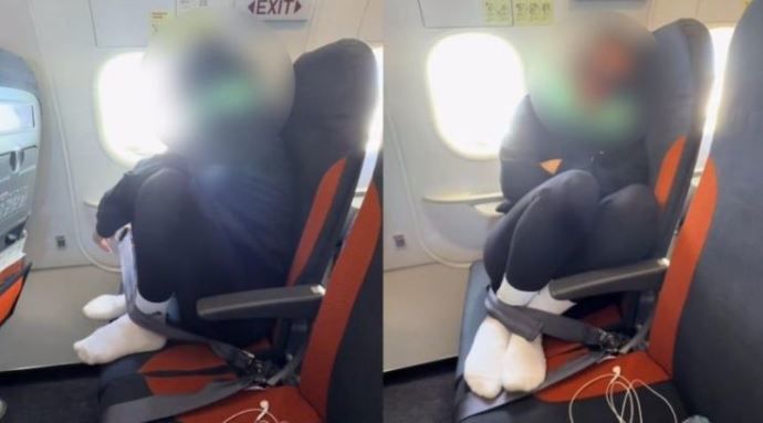 기내에서 발을 좌석 위로 올리고 안전벨트로 고정한 채 잠을 자는 이른바 '기내 수면 챌린지'가 사회관계망서비스(SNS)를 중심으로 확산되며 건강 우려가 제기되고 있다.(사진=X(구 트위터) 캡처) *재판매 및 DB 금지