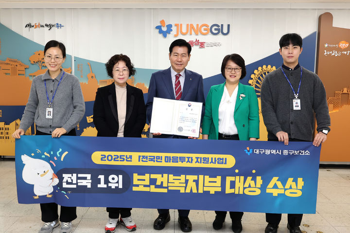 [대구=뉴시스] 대구 중구는 보건복지부가 주관한 '2025 전국민 마음투자 지원사업 지자체 평가'에서 대상을 받으며 2년 연속 실적 우수 지자체로 선정됐다. (사진=대구 중구 제공) 2025.12.29. photo@newsis.com *재판매 및 DB 금지