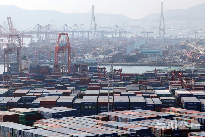  [부산=뉴시스] 하경민 기자 = 부산 남구 신선대(아래) 및 감만(위) 부두 야적장에 수출입 컨테이너가 쌓여 있다. 2025.12.29. yulnetphoto@newsis.com