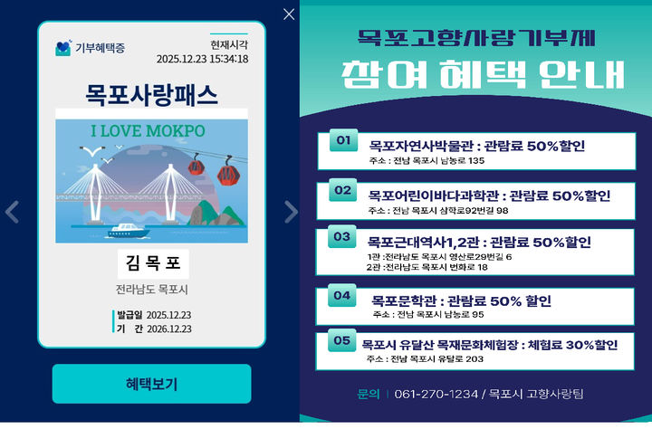 [목포=뉴시스]고향사랑기부제 '목포사랑패스'. (사진=목포시 제공) 2025.12.30. photo@newsis.com *재판매 및 DB 금지