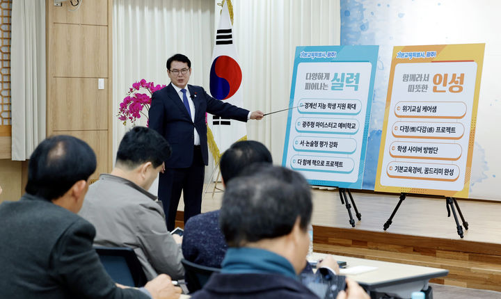 [광주=뉴시스] 이정선 광주시교육감이 30일 오전 교육청 대회의실에서 신년 기자회견을 갖고 2026년 교육정책을 설명하고 있다. (사진=시교육청 제공) 2026.12.30. photo@newsis.com *재판매 및 DB 금지