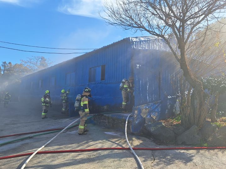 [제주=뉴시스] 30일 오후 제주시 한립읍 소재 양돈장에서 화재가 발생해 소방당국이 진화에 나서고 있다. (사진=제주소방안전본부 제공) 2025.12.30. photo@newsis.com *재판매 및 DB 금지