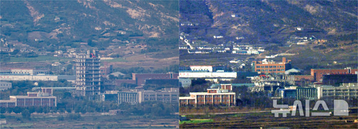[파주=뉴시스] 조성우 황준선 기자 = 30일 경기 파주시 접경지역에서 바라본 북한 개성공단 종합지원센터 건물이 철거 작업으로 인해 일부분만 남아 있다. 왼쪽은 지난 10월 철거 작업 중인 개성공단 종합지원센터 모습. 2025.12.30. xconfind@newsis.com, hwang@newsis.com