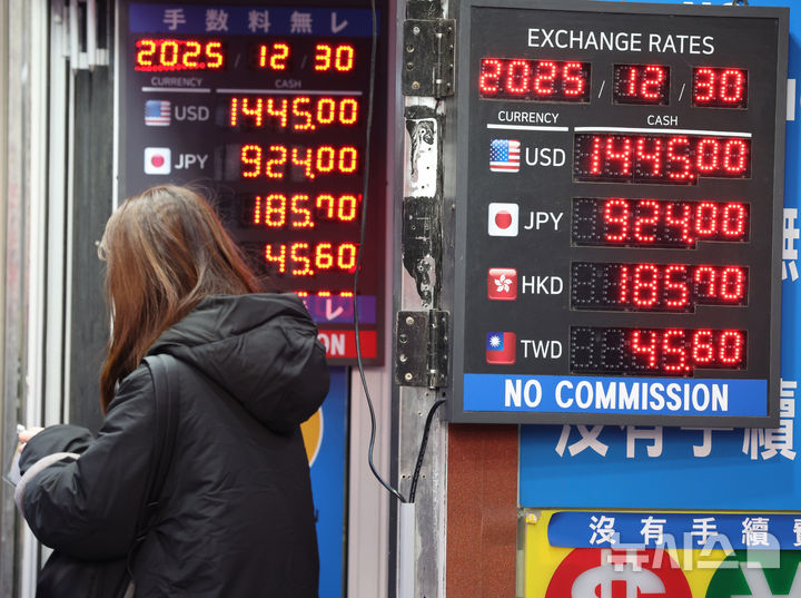 [서울=뉴시스] 배훈식 기자 = 이 달 들어 한때 1480원대까지 치솟았던 원 달러 환율이 30일 오후 서울 중구 명동 환전소 원 달러 시세가 1445원에 거래되고 있다. 2025.12.30. dahora83@newsis.com