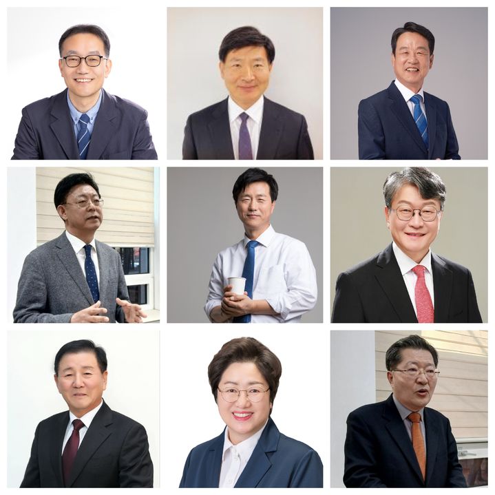 [대전=뉴시스] 맨위쪽부터 시계방향으로 대전시교육감 선거 출마가 예상되는 강재구, 김영진, 김한수, 오석진, 진동규, 정상신, 이건표, 맹수석 후보. 정중앙은 성광진 후보. 2026.01.04. photo@newsis.com *재판매 및 DB 금지