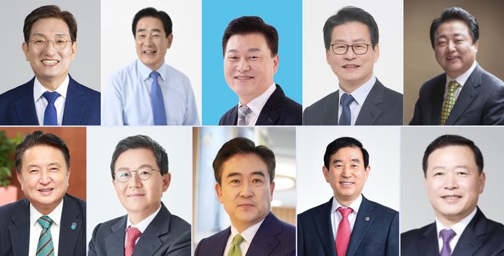 6.3 전국동시지방선거 충북지사 선거 출마 예상자. (윗줄 왼쪽부터) 노영민 전 대통령 비서실장, 송기섭 진천군수, 신용한 지방시대위원회 부위원장, 임호선 국회의원, 한범덕 전 청주시장. (아랫줄 왼쪽부터) 김영환 충북지사, 윤갑근 전 국민의힘 충북도당위원장, 윤희근 전 경찰청장, 조길형 충주시장, 박경국 한국가스안전공사 사장.(정당 기호·이름 가나다 순) *재판매 및 DB 금지