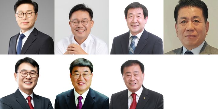 6.3 전국동시지방선거 증평군수 선거 출마 예상자. (윗줄 왼쪽부터) 김문종 전 청와대 비서관, 연종석 전 충북도의원, 이재영 증평군수, 김창회 국민의힘 충북도당 부위원장. (아랫줄 왼쪽부터) 이민표 국힘 충북도당 부위원장, 이현재 국힘 충북도당 부위원장, 최재옥 증평군체육회장. (정당 기호·이름 가나다 순) *재판매 및 DB 금지