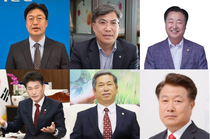 6.3 전국동시지방선거 진천군수 선거 출마 예상자. (윗줄 왼쪽부터) 김명식 전 진천군체육회장, 임보열 전 진천부군수, 임영은 충북도의원. (아랫줄 왼쪽부터) 이양섭 충북도의장, 이재명 진천군의장, 장동현 진천군의원. (정당 기호·이름 가나다 순) *재판매 및 DB 금지