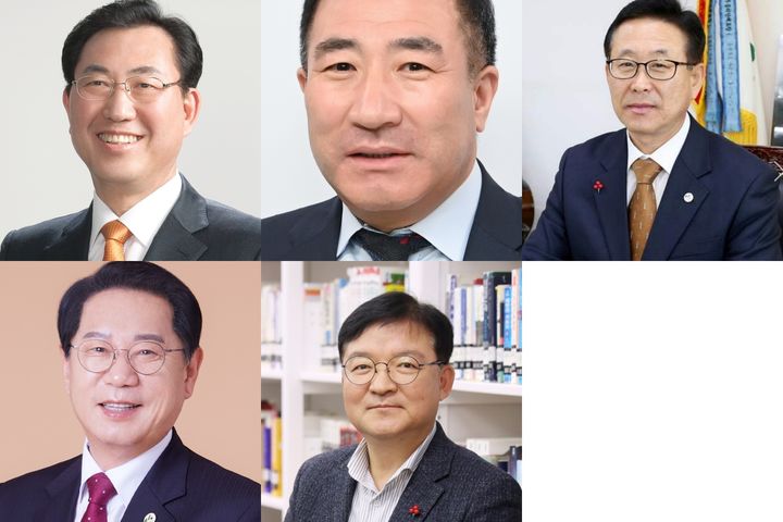 6.3 전국동시지방선거 괴산군수 선거 출마 예상자. (윗줄 왼쪽부터) 나용찬 전 괴산군수, 이준경 전 음성부군구, 이차영 전 괴산군수. (아랫줄 왼쪽부터) 송인헌 괴산군수, 이대섭 국토부 국토정보정책과장. (정당 기호·이름 가나다 순) *재판매 및 DB 금지