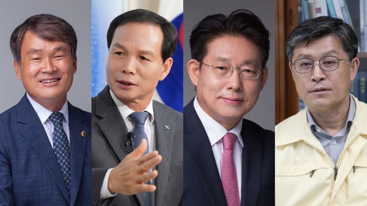 6.3 전국동시지방선거 음성군수 선거 출마 예상자. (왼쪽부터) 이상정 충북도의원, 조병옥 음성군수, 박노학 전 음성부군수, 임택수 전 청주부시장. (정당 기호·이름 가나다 순) *재판매 및 DB 금지