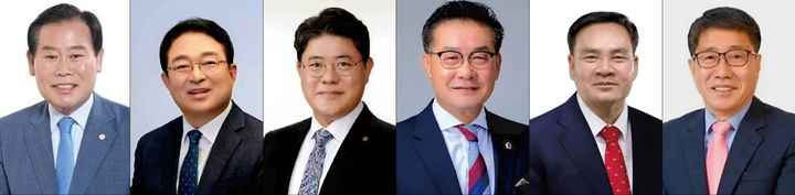 6.3 전국동시지방선거 옥천군수 선거 출마 예상자. (왼쪽부터) 김재종 전 옥천군수, 황규철 옥천군수, 김승룡 전 옥천문화원장, 유재목 충북도의원, 추복성 옥천군의회 의장. (정당 기호·이름 가나다 순) *재판매 및 DB 금지