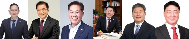 6.3 전국동시지방선거 영동군수 선거 출마 예상자. (왼쪽부터) 이수동 영동군의원, 정일택 전 영동부군수, 김국기 충북도의원, 신현광 영동군의회 의장, 윤석진 전 영동군의원, 정영철 영동군수. (정당 기호·이름 가나다 순) *재판매 및 DB 금지