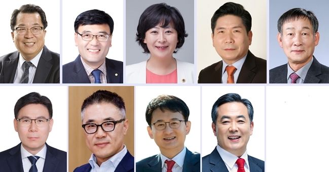 6.3 전국동시지방선거 제천시장 선거 출마 예상자. (윗줄 왼쪽부터) 이상천 전 제천시장, 전원표 민주당 제천단양지역위원장, 김꽃임 충북도의원, 김창규 제천시장, 박영기 제천시의장. (아랫줄 왼쪽부터) 이동옥 충북도 행정부지사, 이재우 기재부 과장, 이충형 국민의힘 중앙당 대변인, 이찬구 제천발전위원장. (정당 기호·이름 가나다 순) *재판매 및 DB 금지