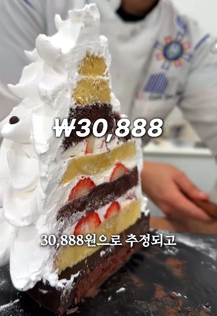 [뉴시스] 제과제빵 명인 파티셰가 신라호텔의 대표 케이크인 '화이트 홀리데이'를 유사하게 재현한 케이크의 단면. (사진 = 제로비 유튜브 캡처) 2025.12.31. *재판매 및 DB 금지