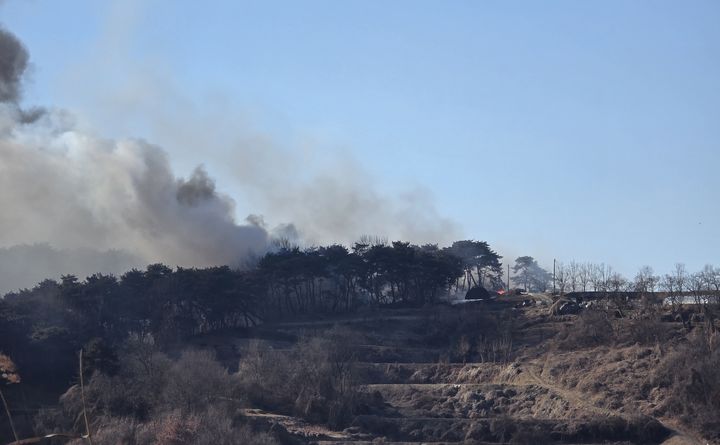 [예천=뉴시스] 예천군 풍양면 청곡리 야산에서 산불이 발생해 연기가 솟아오르고 있다. (사진=산림청 제공) 2026.01.02. photo@newsis.com *재판매 및 DB 금지