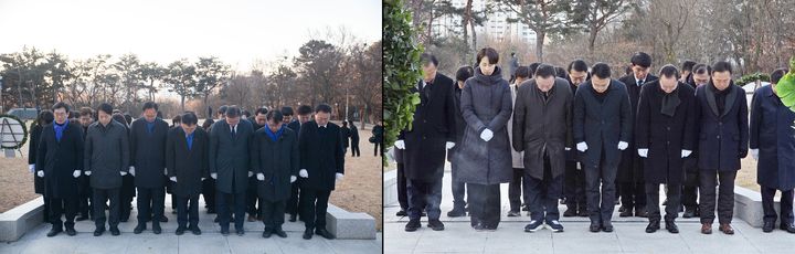 충혼탑 참배하는 더불어민주당 충북도당(왼쪽)과 국민의힘 충북도당. (사진=더불어민주당 충북도당·국민의힘 충북도당 제공) *재판매 및 DB 금지