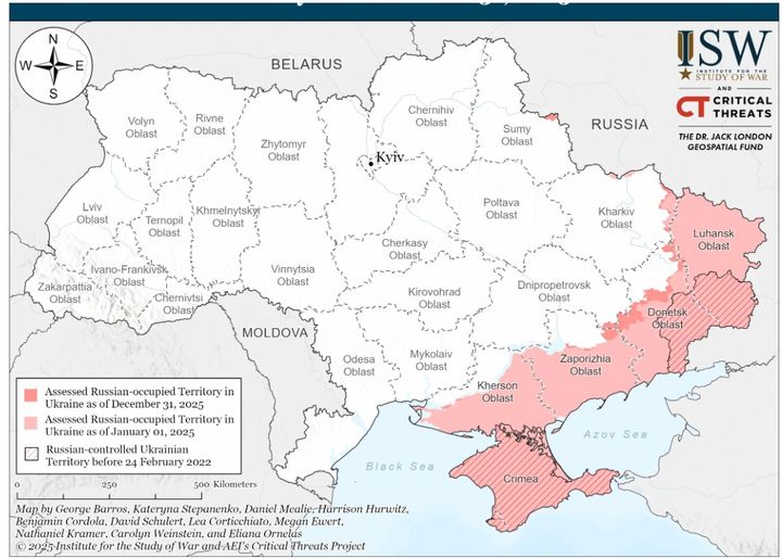 [서울=뉴시스] 러시아는 지난해 우크라이나 영토 4336㎢, 전체 영토의 0.72%를 추가로 점령했다고 우크라이나 전황 추적 사이트 딥스테이트가 1일(현지 시간) 분석했다. 사진은 미국 전쟁연구소(ISW)의 전선 변화 지도. 2026.01.02.