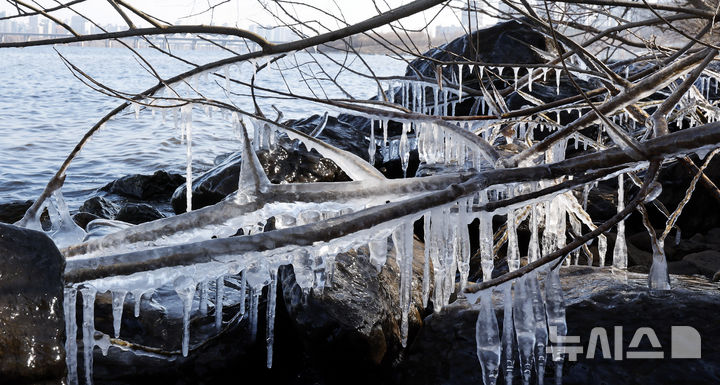 [서울=뉴시스] 김혜진 기자 = 서울 최저기온이 -12도를 기록하며 한파특보가 발효된 2일 서울 영등포구 여의도 한강변에 얼음이 얼어있다. 2026.01.02. jini@newsis.com