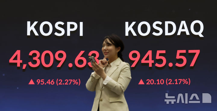 [서울=뉴시스] 김혜진 기자 = 코스피가 전 거래일(4214.17) 보다 95.46p(2.27%) 오른 4309.63에 마감한 12일 오전 서울 영등포구 한국거래소 전광판에 지수가 표시 되고 있다.2026.01.02. jini@newsis.com