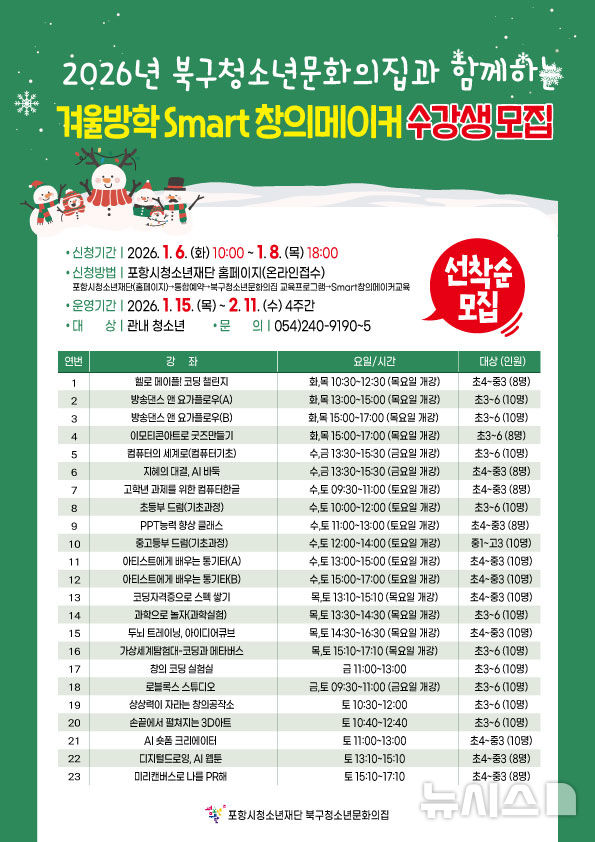 [포항=뉴시스] 경북 포항시 북구 청소년 문화의 집 겨울방학 프로그램. (사진=포항시청소년재단 북구 청소년 문화의 집 제공) 2026.01.04. photo@newsis.com 