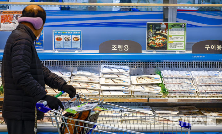 [서울=뉴시스] 정병혁 기자 = 4일 서울 서초구 하나로마트 양재점을 찾은 시민들이 고등어, 갈치 등 수산물을 살펴보고 있다. 고등어 가격이 상승세를 보이고 있다. 한국농수산식품유통공사 집계에 따르면 수입산 염장(대) 고등어 한 손 소매가격은 작년 12월 평균 1만363원으로 1만원을 넘어섰다. 이는 1개월 전(9828원)보다 500원 이상 올랐으며 전년 같은 기간(8048원)보다 2천원 넘게 상승한 금액이다. 고등어와 조기, 갈치 등이 두 자릿수 이상의 상승률을 기록하면서 12월 수산물 물가가 전년 같은 달보다 6.2% 상승했다. 2026.12.04. jhope@newsis.com