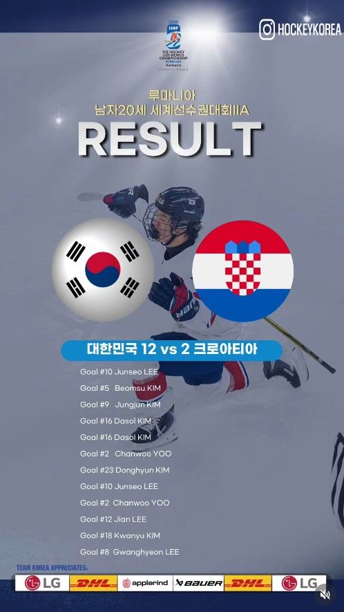 [서울=뉴시스] 한국 남자 20세 이하(U-20) 아이스하키 대표팀, 크로아티아와의 2026 국제아이스하키연맹(IIHF) U-20 세계선수권대회 디비전 2 그룹 A(4부 리그) 1차전에서 12-2 대승. (사진=대한아이스하키협회 SNS 캡처) 2026.01.05. photo@newsis.com *재판매 및 DB 금지