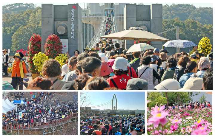 [임실=뉴시스] 성수기 임실 옥정호출렁다리와 붕어섬생태공원 풍경. *재판매 및 DB 금지