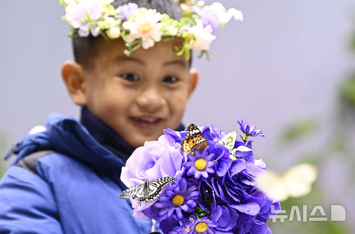 [용인=뉴시스] 김종택 기자 = 절기상 소한인 5일 경기 용인시 에버랜드 나비의 꿈꾸는 정원을 찾은 어린이가 봄의 전령 나비를 살펴보고 있다. 2026.01.05. jtk@newsis.com