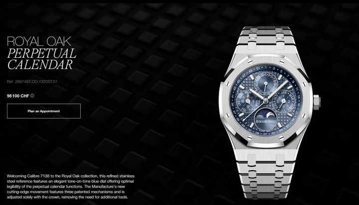 [서울=뉴시스] 오데마피게(Audemars Piguet)의 대표 모델인 로얄오크 퍼페추얼 캘린더(Ref.26674ST.OO.1320ST.01) 이미지. (사진=오데마피게 누리집 갈무리) 2026.01.06. photo@newsis.com 