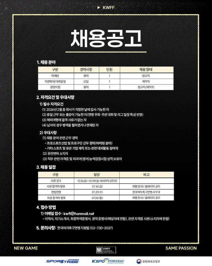 [서울=뉴시스] 한국여자축구연맹 채용 이미지. (사진=한국여자축구연맹 제공) *재판매 및 DB 금지