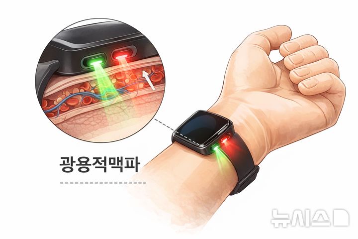 [서울=뉴시스] 광용적맥파(PPG) 측정 원리 개념도. 스마트워치의 빛으로 혈류 변화를 감지해 심박수를 측정한다. (사진= 서울대병원 제공)