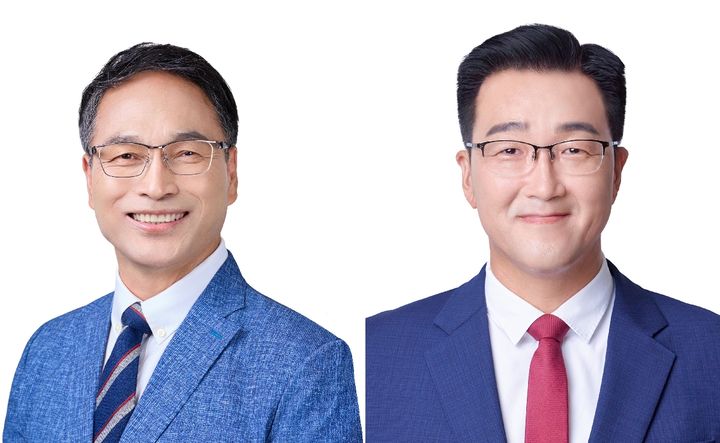 [부산=뉴시스] 부산시장 후보자로 출마를 선언한 윤택근 전 민주노총 위원장 권한대행(왼쪽)과 연제구청장 후보로 출마 선언한 노정현 진보당 부산시당위원장. (사진=진보당 부산시당 제공) 2026.01.07. photo@newsis.com *재판매 및 DB 금지