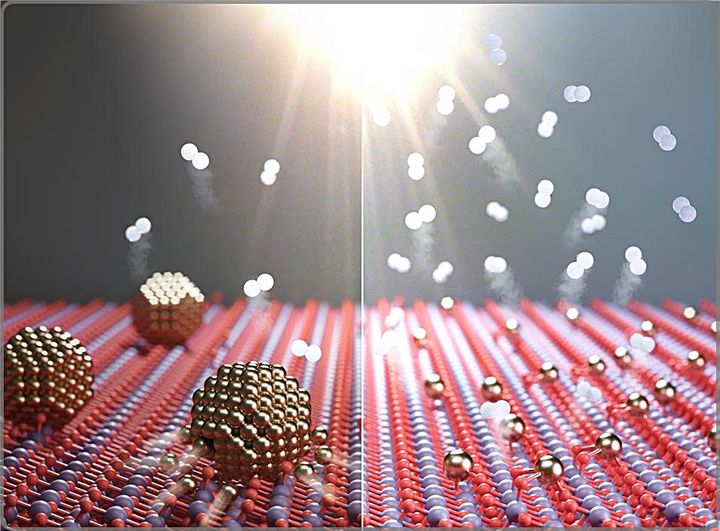 [대전=뉴시스] 백금(Pt) 원자의 구조적 안정성에 따른 수소생산의 차이를 보여주는 개념도. Pt 원자 밀도가 임계치를 초과하면 원자이동과 응집이 촉진돼 덩어리를 형성하고 촉매 성능이 저하된다(왼쪽). 반면 공간적으로 충분히 분리된 Pt 원자는 뭉치지 않고 활성화된 전자와 효율적으로 반응해 빠른 수소생산을 촉진한다.(사진=아주대 유성주 교수 제공) *재판매 및 DB 금지