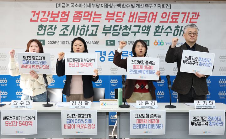 [서울=뉴시스]경제정의실천시민연합(경실련)이 7일 서울 종로구 동숭동 경실련 강당에서 비급여 국소마취제 부당 이중청구액 환수 및 개선 촉구 기자회견을 열고 있다. (사진=경실련 제공) 2026.01.07. photo@newsis.com *재판매 및 DB 금지