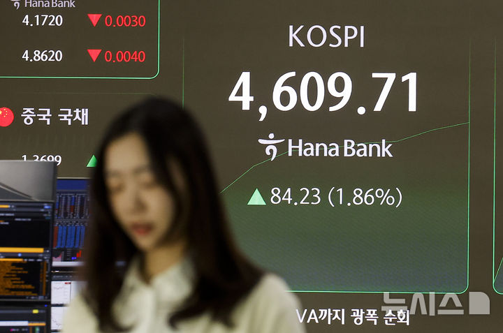 [서울=뉴시스] 정병혁 기자 = 코스피가 장중 4600선을 넘어선 7일 서울 중구 하나은행 딜링룸에서 직원들이 업무를 보고 있다. 이날 코스피는 전 거래일(4525.48)보다 40.86포인트(0.90%) 상승한 4566.34에, 코스닥 지수는 전 거래일(955.97)보다 1.77포인트(0.19%) 오른 957.74에 거래를 시작했다. 서울 외환시장에서 원·달러 환율은 전 거래일 주간거래 종가(1445.5원)보다 3.0원 오른 1448.5원에 출발했다.2026.01.07. jhope@newsis.com