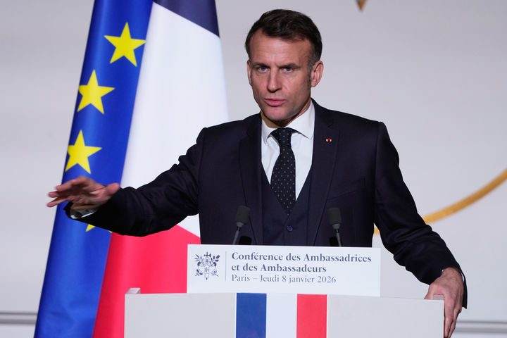 French President Emmanuel Macron delivers a speech to French ambassadors Thursday, Jan. 8, 2026 at the Elysee Palace in Paris. (AP Photo/Michel Euler, Pool)