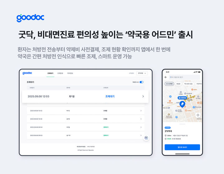 [서울=뉴시스] 병원 진료 접수·예약 및 비대면 진료 플랫폼 굿닥은 처방전 전송부터 약 조제 과정 확인, 약제비 사전 결제까지 비대면진료 전 과정을 더욱 효율적으로 지원하는 데 초점을 맞춤 '약국용 어드민'을 출시했다고 8일 밝혔다. (사진=굿닥 제공) 2025.01.08. photo@newsis.com *재판매 및 DB 금지