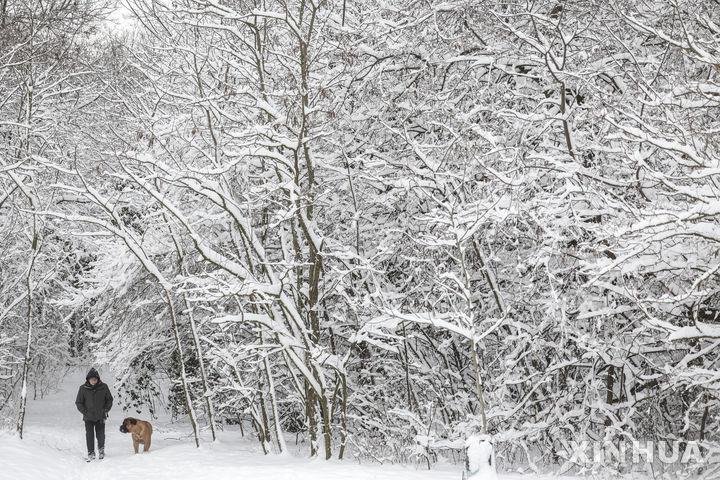 [부다페스트=신화/뉴시스] 7일(현지 시간) 헝가리 부다페스트에서 한 남성이 반려견과 함께 눈길을 걷고 있다. 2026.01.08.