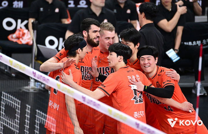 [서울=뉴시스] 남자 프로배구 OK저축은행 선수단이 9일 부산강서체육관에서 열린 진에어 2025~2026 V-리그 남자부 현대캐피탈과의 경기에서 득점에 성공한 뒤 기뻐하고 있다. (사진=KOVO 제공) 2026.01.09.
