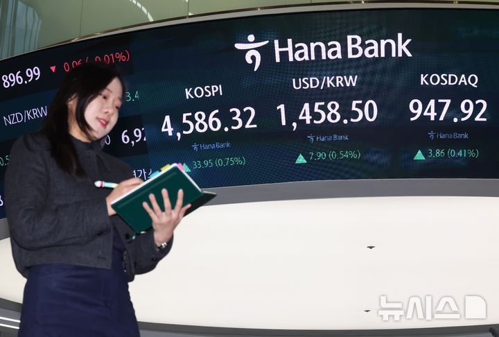 [서울=뉴시스] 배훈식 기자 = 코스피가 종가 기준 최고치를 기록한 9일 오후 서울 중구 하나은행 딜링룸 전광판에 코스피가 전 거래일 보다 33.95 포인트(0.75%) 오른 4586.32 포인트를 나타내고 있다. 원달러 환율은 7.90원(0.54%) 오른 1458.50원, 코스닥 지수는 3.86 포인트(0.41%) 오른 947.92 포인트. 2026.01.09. dahora83@newsis.com