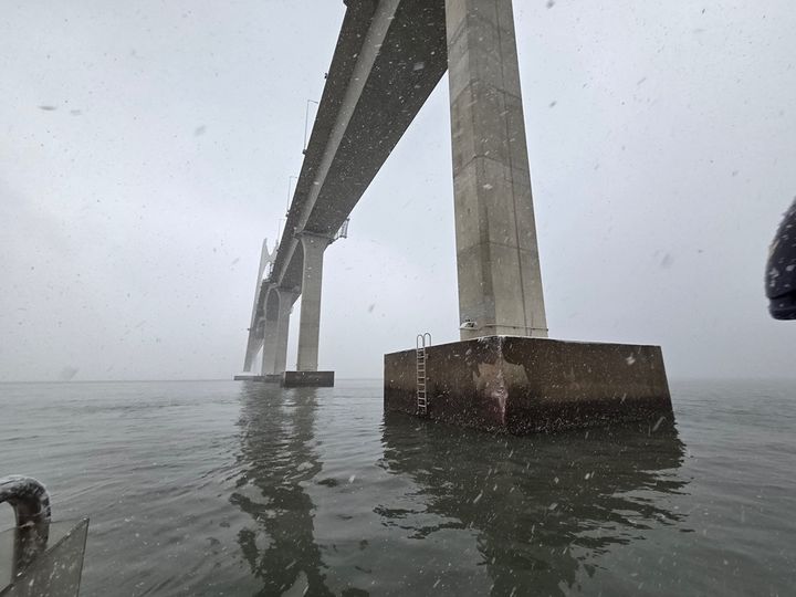 [목포=뉴시스] 대형 화물선과 접촉해 파손된 신안 천사대교 교각. (사진=목포해경 제공) 2026.01.11. photo@newsis.com *재판매 및 DB 금지