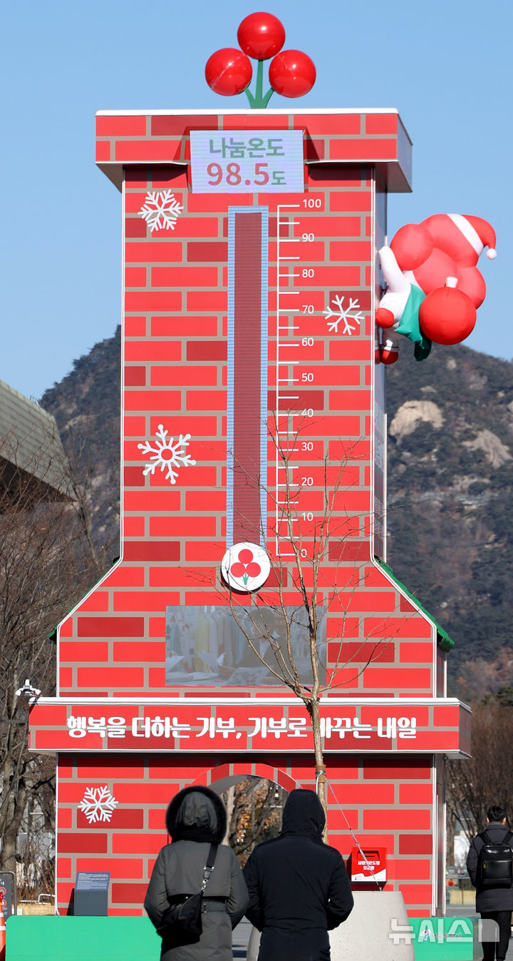 [서울=뉴시스] 추상철 기자 = 11일 오전 서울 종로구 광화문광장에 설치된 사랑의 온도탑에 '나눔온도 98.5도'라고 표시돼 있다. 2026.01.11. scchoo@newsis.com