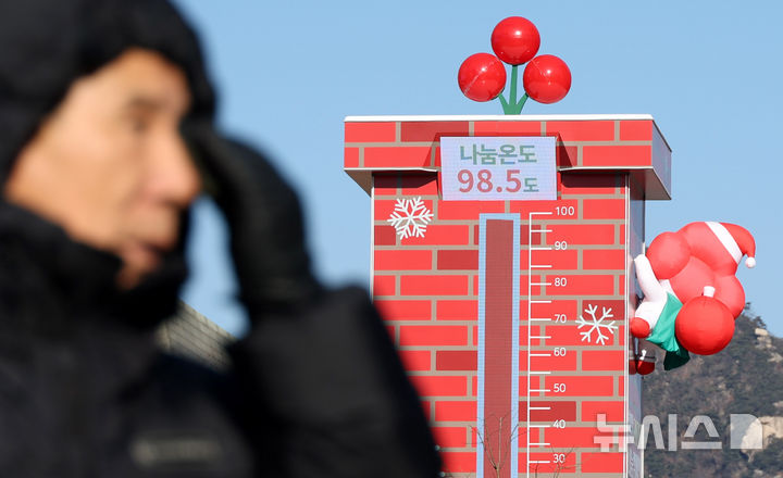 [서울=뉴시스] 추상철 기자 = 11일 오전 서울 종로구 광화문광장에 설치된 사랑의 온도탑에 '나눔온도 98.5도'라고 표시돼 있다. 2026.01.11. scchoo@newsis.com