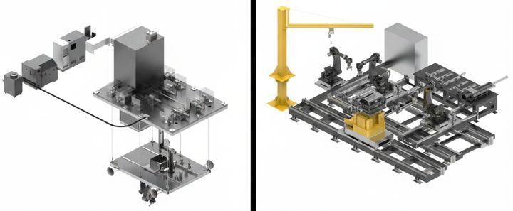 [서울=뉴시스] 원전 해체현장에 투입될 예정인 로봇시스템 중 수직해체시스템(왼쪽)과 수평해체시스템 개념도. (사진=케이엔알시스템 제공) 2026.01.12. photo@newsis.com *재판매 및 DB 금지