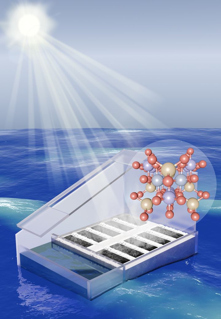 [울산=뉴시스] 태양광 담수화 모식도. 햇빛으로 달궈진 증발기가 바닷물을 수증기로 만들면, 수증기가 경사진 유리창 표면에 응축돼, 물방물이 경사면을 타고 흘러 한 군데 모인다. (사진=UNIST 제공) 2026.01.12. photo@newsis.com *재판매 및 DB 금지