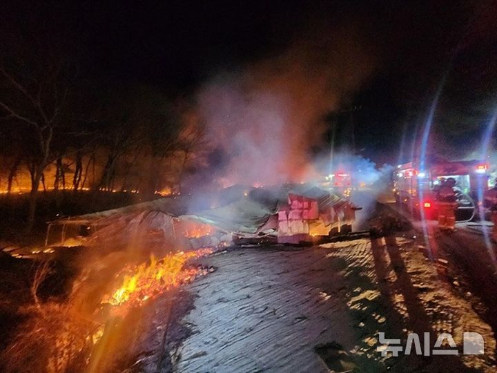 [김포=뉴시스] 12일 오전 1시57분께 경기 김포시 대곶면 쇄암리의 한 축사에서 불이 났다. (사진=김포소방서 제공) 2025.01.12. photo@newsis.com