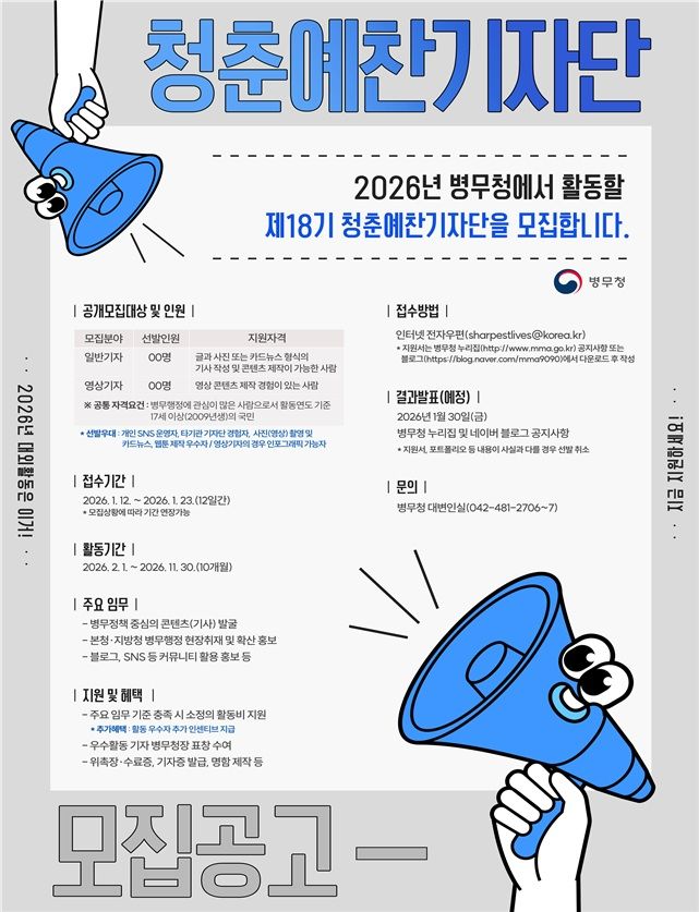 병무청, 제18기 청춘예찬기자단 공개 모집…30명 내외 선발