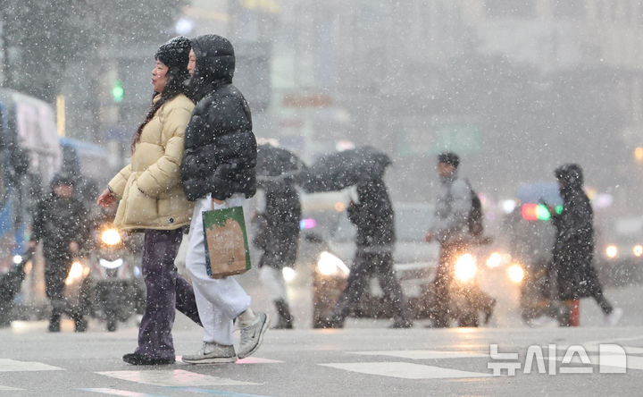 [서울=뉴시스] 황준선 기자 = 12일 오후 서울 중구 을지로에서 시민들이 눈을 맞으며 이동하고 있다. 2026.01.12. hwang@newsis.com